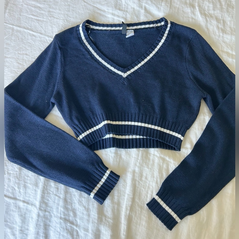 Divided blue preppy crop long sleeve neck sweater